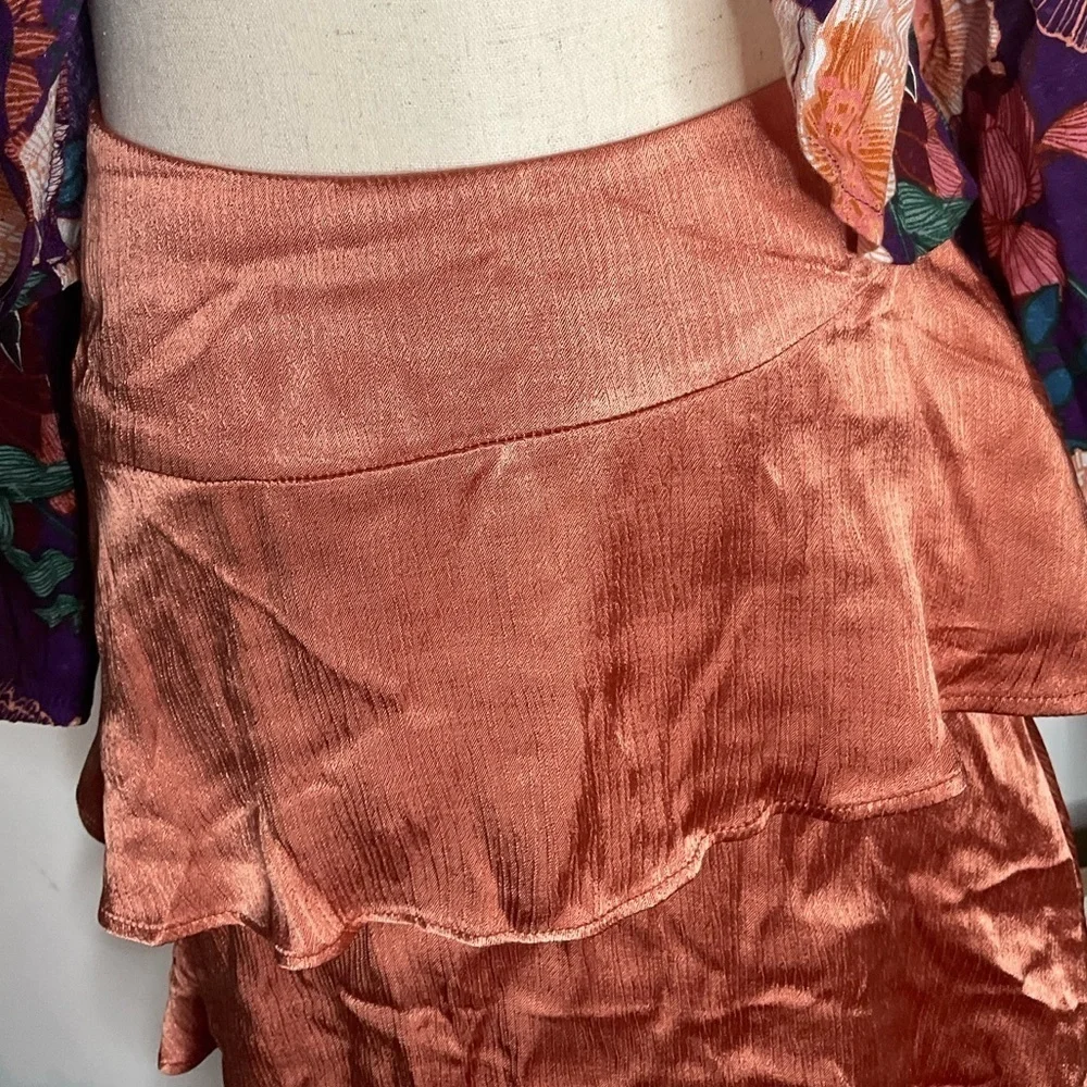 Maeve Copper Satin Flat Waist Asymmetrical layered Maxi Party Skirt Size 0